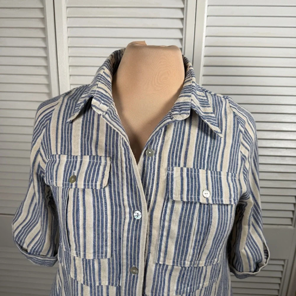Heroes & Dreamers Striped Linen Blend Shirt Dress | Blue & Cream | Size S